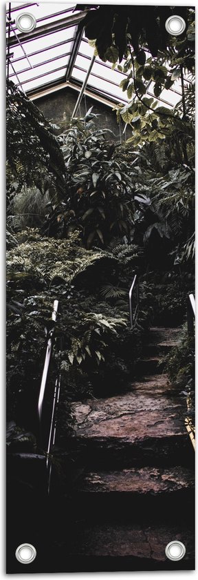 WallClassics - Tuinposter – Kleine Trap in Begroeide Kas - 20x60 cm Foto op Tuinposter (wanddecoratie voor buiten en binnen)