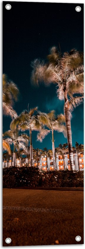 Tuinposter – Verlichte Palmbomen in Nacht - 30x90 cm Foto op Tuinposter (wanddecoratie voor buiten en binnen)