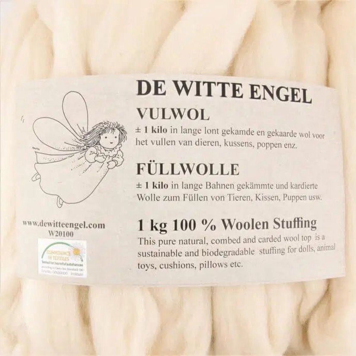 De Witte Engel - Vulwol - 1 kg - gewassen en gekaard in een lange lont - 