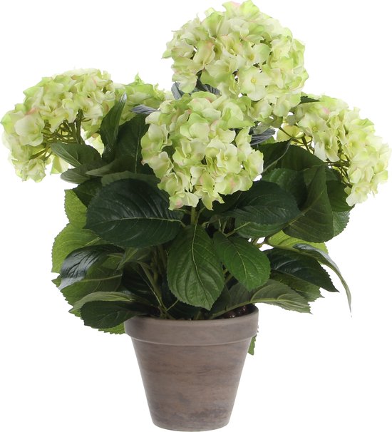 Plante artificielle Hortensia Vert / Crème - H 45cm - Pot décoratif en céramique - Décorations Mica