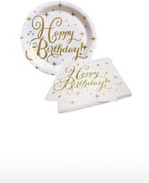 Bordjes Happy Birthday - Servetten Happy Birthday - kartonen bordjes wit goud - servetten wit goud - bordjes 8 stuks - servetten 20 stuks