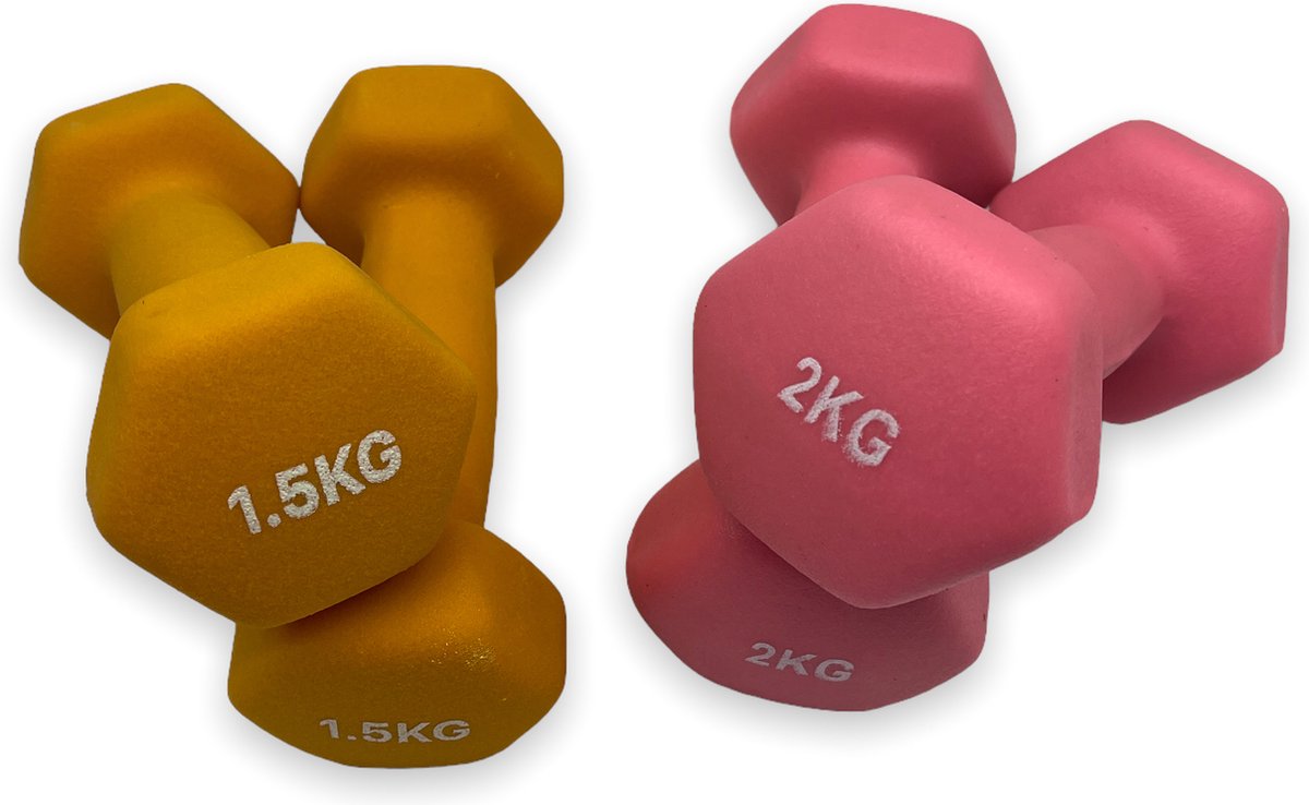 dumbells - Neopreen set 1,5 en 2 kg - oranje en roze - dumbellset - fitness gewicht