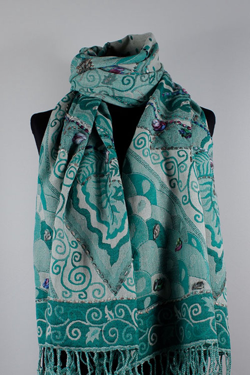 Wollen geborduurde sjaal en omslagdoek Turquoise zeegroen