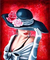 Diamond painting 40x40cm - vrouw met hoed - ronde steentjes