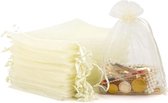 sachets organza - 10x15 cm - sachets fêtes - sachets bonbons - sachets cadeaux - naissance - sachets bijoux - cordon - beige/crème - 50 pièces