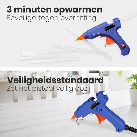 Boven: Blauw lijmpistool met lijmpatronen, tekst '3 minuten opwarmen'. Onder: Lijmpistool op een witte tafel.