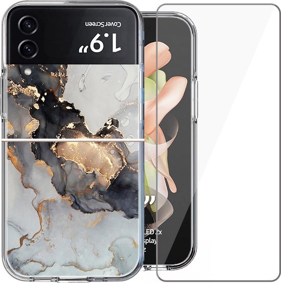 Hoesje geschikt voor Samsung Flip 4 - Back Cover Siliconen Case Marmeren Hoes Wit + Screen Protector Gehard Glas Screenprotector