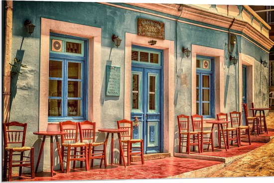 WallClassics - Dibond - Grieks Café - 90x60 cm Foto op Aluminium (Wanddecoratie van metaal)