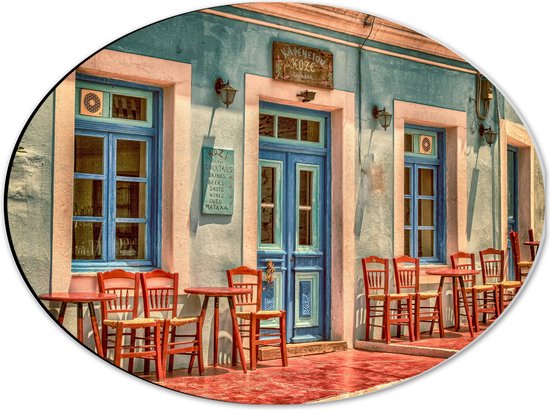 WallClassics - Dibond Ovaal - Grieks Café - 40x30 cm Foto op Ovaal (Met Ophangsysteem)