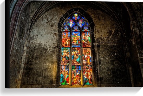 WallClassics - Canvas - Glas-in-lood Raam in de Notre-Dame Kerk - 60x40 cm Foto op Canvas Schilderij (Wanddecoratie op Canvas)