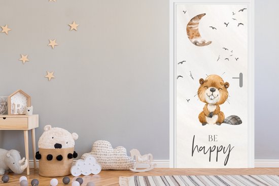 Sticker de porte Citations - Soyez heureux - Enfants - Lune - Castor - Aquarelle - 90x205 cm - Affiche de porte