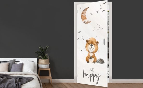 Sticker de porte Citations - Soyez heureux - Enfants - Lune - Castor - Aquarelle - 90x205 cm - Affiche de porte
