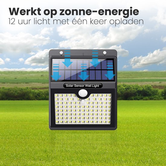 Zwarte zonne-wandlamp met blauwe pijlen die opladen aangeven op een groen veld onder een blauwe hemel.