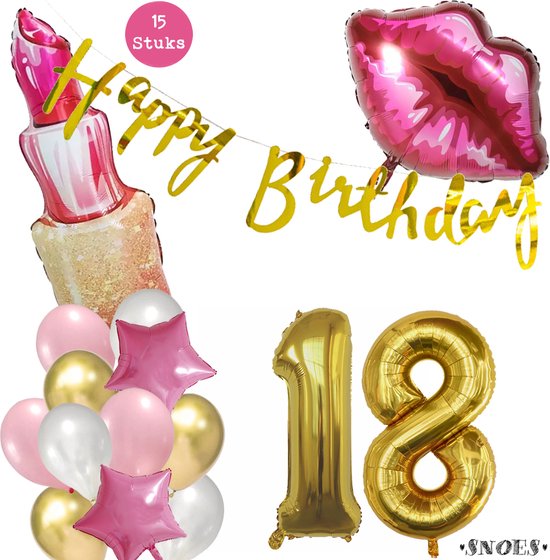 Snoes Beauty Helium Ballonnen Set 18 Jaar - Roze Folieballonnen - Slinger Happy Birthday Goud
