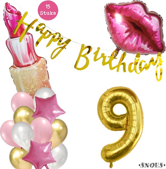 Snoes Beauty Helium Ballonnen Set 9 Jaar - Roze Folieballonnen - Slinger Happy Birthday Goud