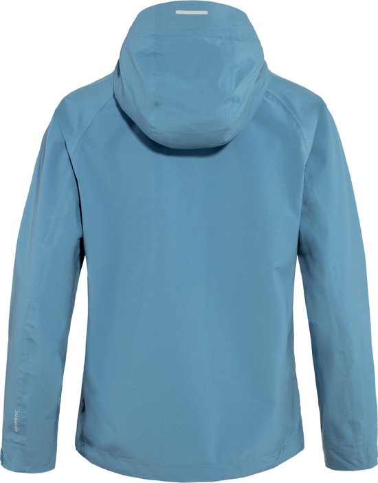 Dos d'une veste d'extérieur bleue avec capuche et inscription "Hydratic" sur la manche.