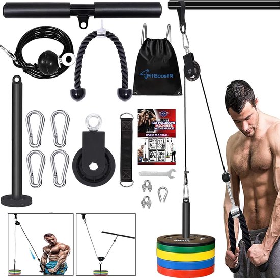 Krachtstation – Kabelsysteem Fitness – Krachttraining – Triceps Touw – Power Rack – Homegym – Lat Pulldown – Pulley – 16-Delig