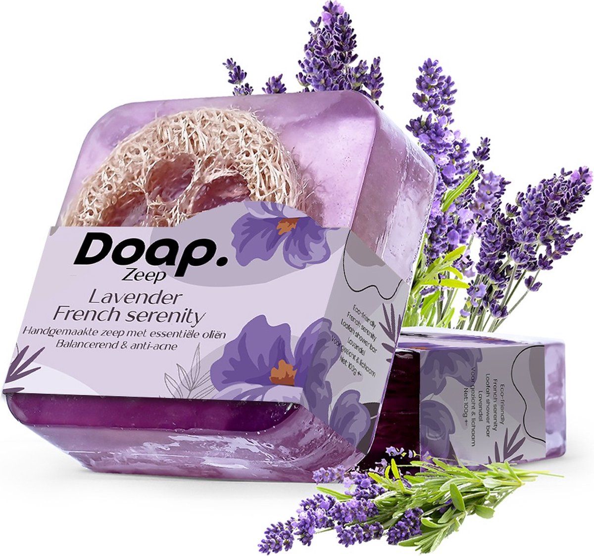 Doap Zeepblok Lavendel - 100g Zeep Stuk met Loofah Spons - Handgemaakte Biologische Body Bar met Luffa - Duurzaam Cadeau