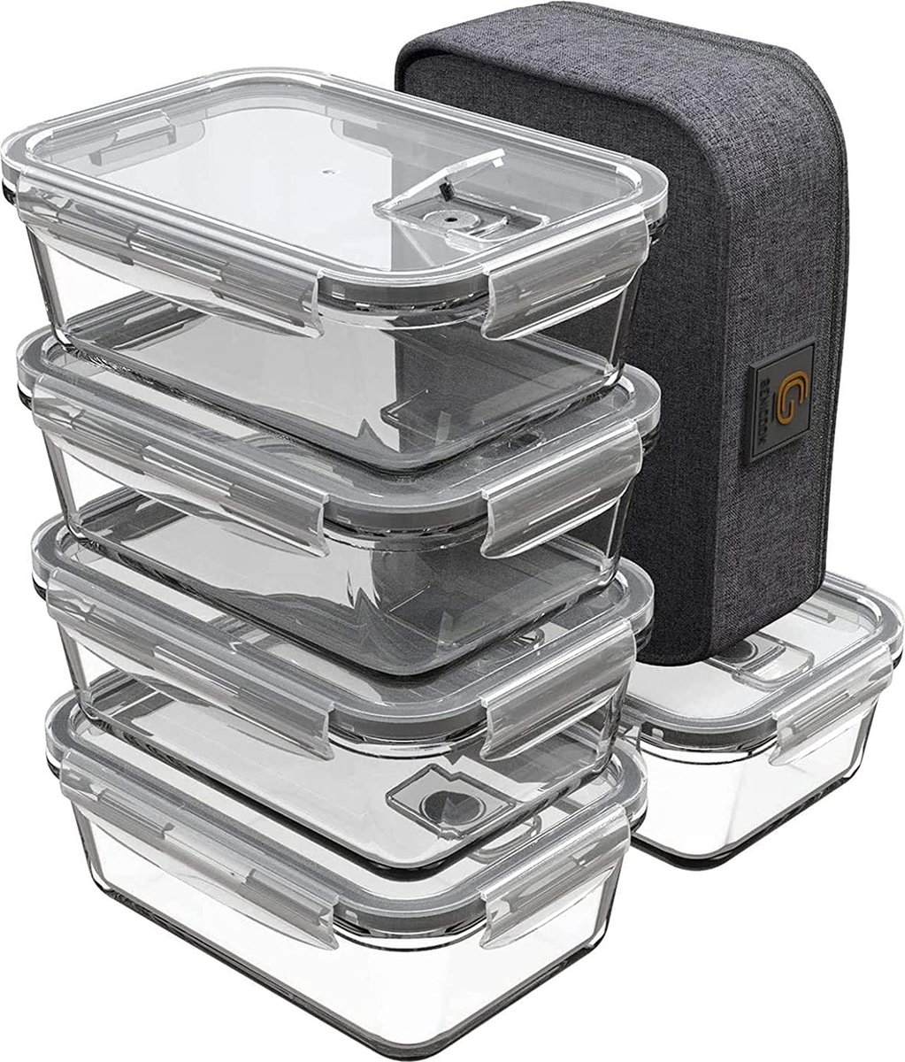 GENICOOK Lunchbox Bento broodtrommel met lunchtas/broodtrommel, vershouddozen, glas, perfect voor meal prep, BPA-vrij, voor thuis, keuken of gebruik onderweg, 5 x 840 ml