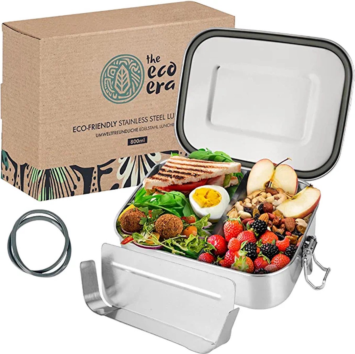 Roestvrijstalen broodtrommel en lunchbox, lekvrij, milieuvriendelijke Eco Bento Box, plasticvrij, met flexibele vakken, sluitclips, eenvoudig te reinigen, 800 ml