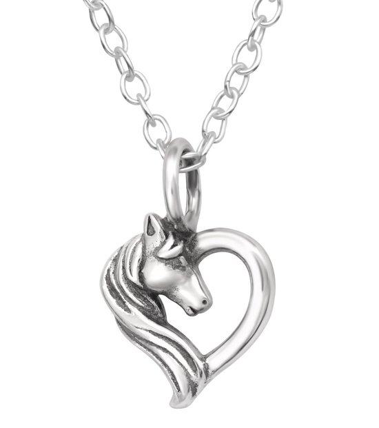 Joy|S - Zilveren hartje hanger - paard - inclusief ketting - geoxideerd - kinderketting