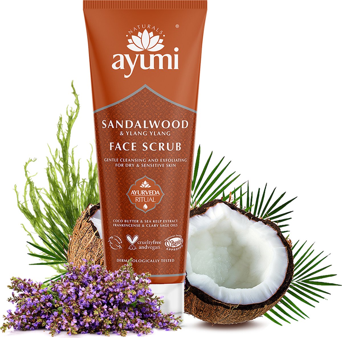 Natuurlijke gezichtsscrub met sandalhout, jasmijn, wierook, patchouli en Ylang Ylang - scrubcreme - rustgevende en reinigende scrub voor de gevoelige huid