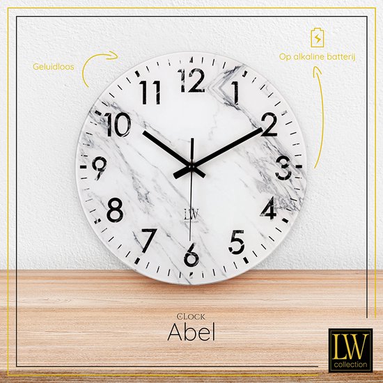 LW Collection horloge murale verre marbre marbre blanc 30cm - petite horloge - horloge murale silencieuse - horloge de cuisine silencieuse