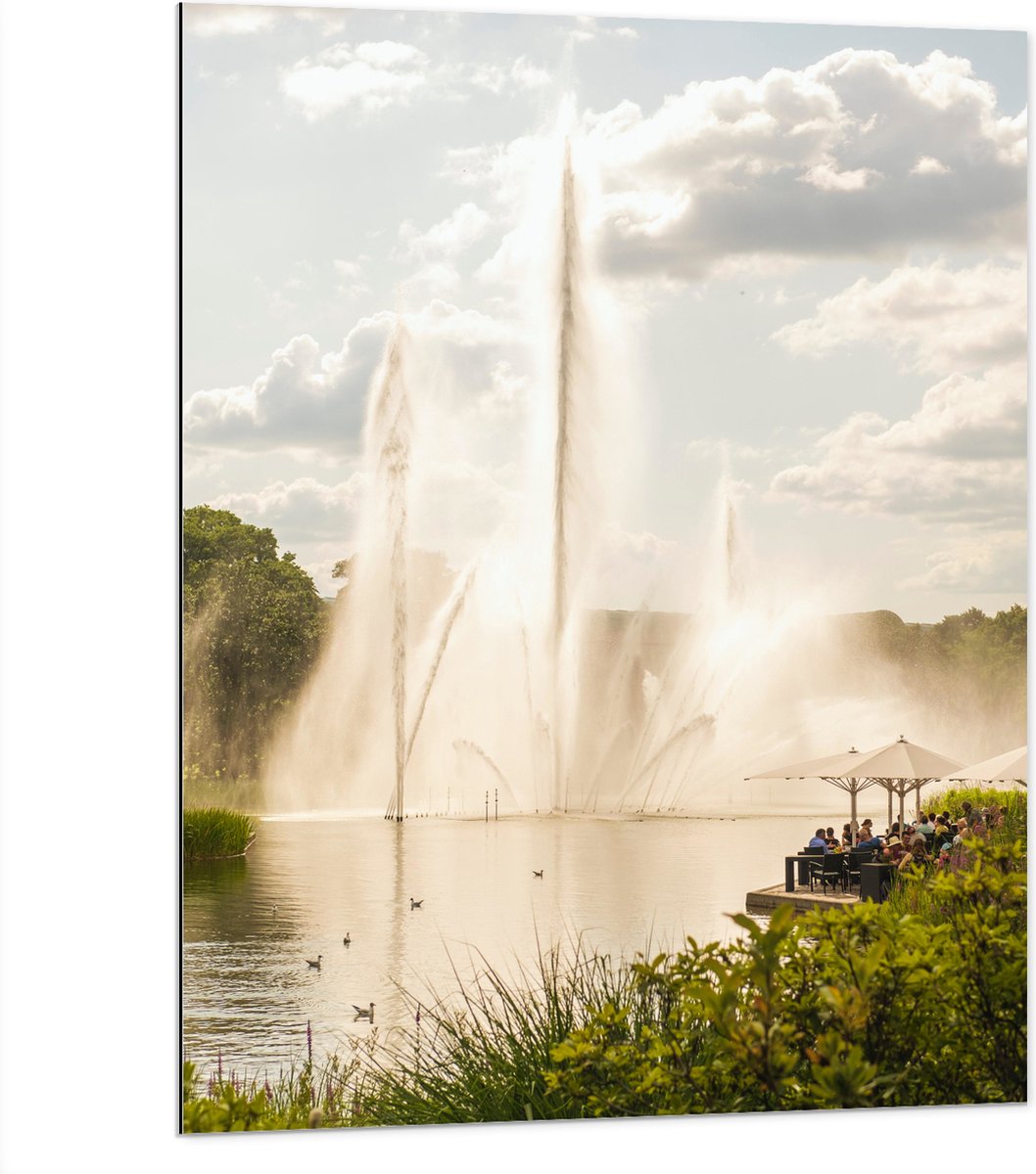 Dibond - Waterfontein in een Meer - 75x100 cm Foto op Aluminium (Wanddecoratie van metaal)