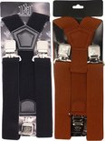 Zwarte bretels met grijze clips en bruine bretels met bruine lederen kruising en zilverkleurige clips, in verpakking.