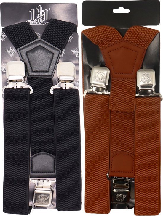 Zwarte bretels met grijze clips en bruine bretels met bruine lederen kruising en zilverkleurige clips, in verpakking.