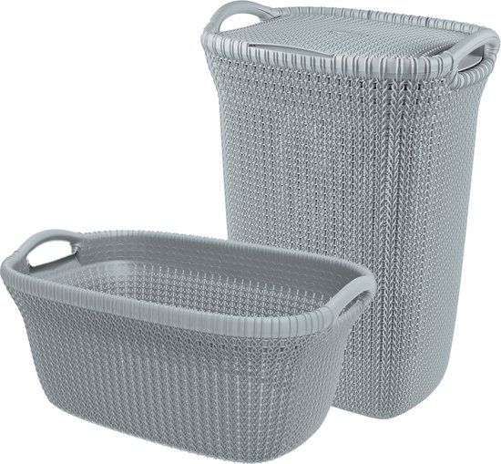 Curver Knit Wasmand met deksel 57L + Wasmand 40L - Blauw/Grijs