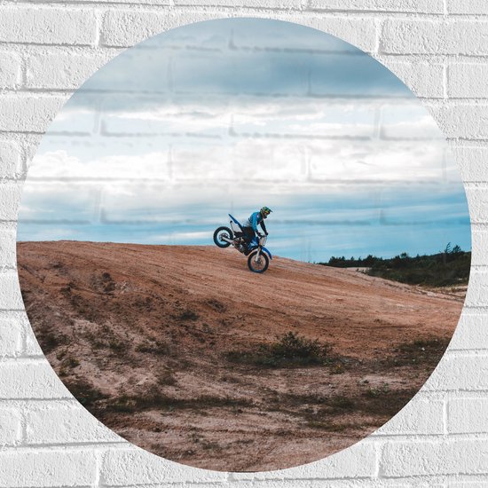 WallClassics - Muursticker Cirkel - Blauwe Motorrijder op één Wiel bij Heuvel - 80x80 cm Foto op Muursticker