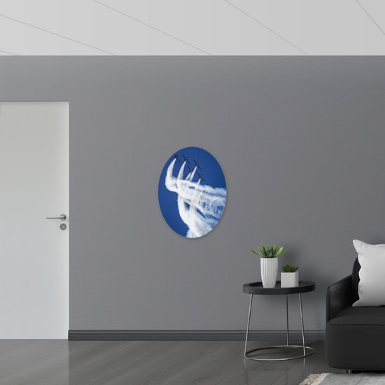 Dibond Ovaal - Groep van Vijf Vliegtuigen met Witte Rookstrepen - 60x80 cm Foto op Ovaal (Met Ophangsysteem)