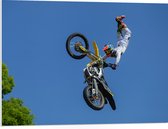 WallClassics - PVC Schuimplaat - Freestyle Motocross boven Boom - 80x60 cm Foto op PVC Schuimplaat (Met Ophangsysteem)