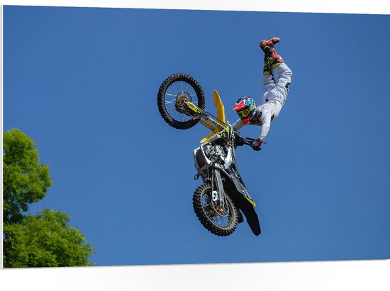 Foto: Wallclassics pvc schuimplaat freestyle motocross boven boom 105x70 cm foto op pvc schuimplaat met ophangsysteem 