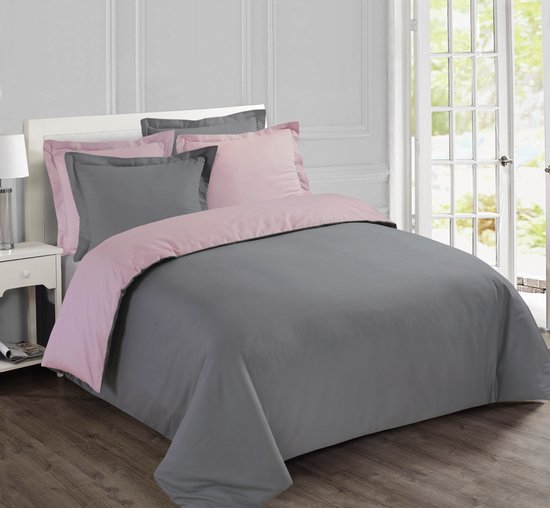 Vision Bicolor omkeerbaar dekbedovertrekset - grijs/roze - lits jumeaux - 240 x 220cm met 2 bijhorende slopen - 100% katoen van Bedsupply. — afbeelding 2