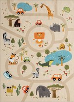 Vloerkleed kinderkamer - Beige - 120x160 cm - Wasbaar - Antislip - Tapijt voor jongens en meisjes met een straat en jungledieren - Happy Life by the carpet