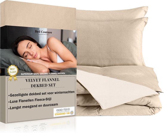 Bed Couture - Velvet Flanel Dekbedovertrek set - 100% Katoen Extra zacht en Warm - 155x200 + 2 kussenslopen 80x80 - Crème/Goud Beige