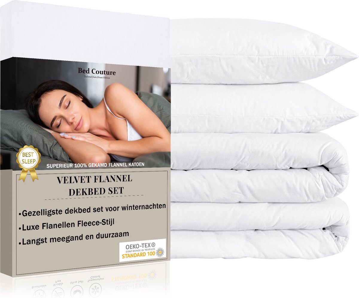 Bed Couture - Velvet Flanel Dekbedovertrek set - 100% Katoen Extra zacht en Warm - 240x220 + 2 kussenslopen 65x65 - Wit