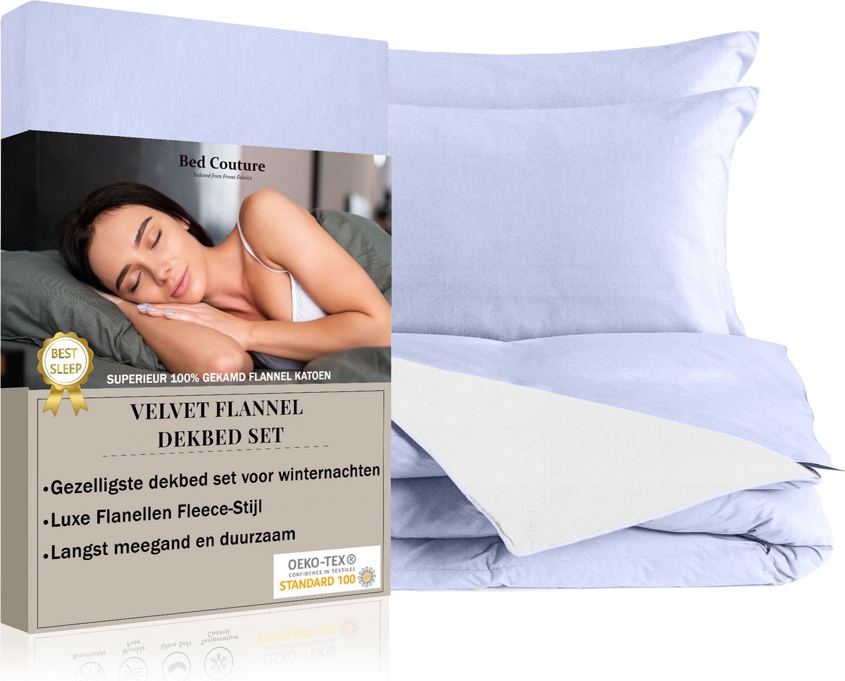 Bed Couture - Velvet Flanel Dekbedovertrek set - 100% Katoen Extra zacht en Warm - 200x200 + 2 kussenslopen 80x80 - Wit/Winter Blauw