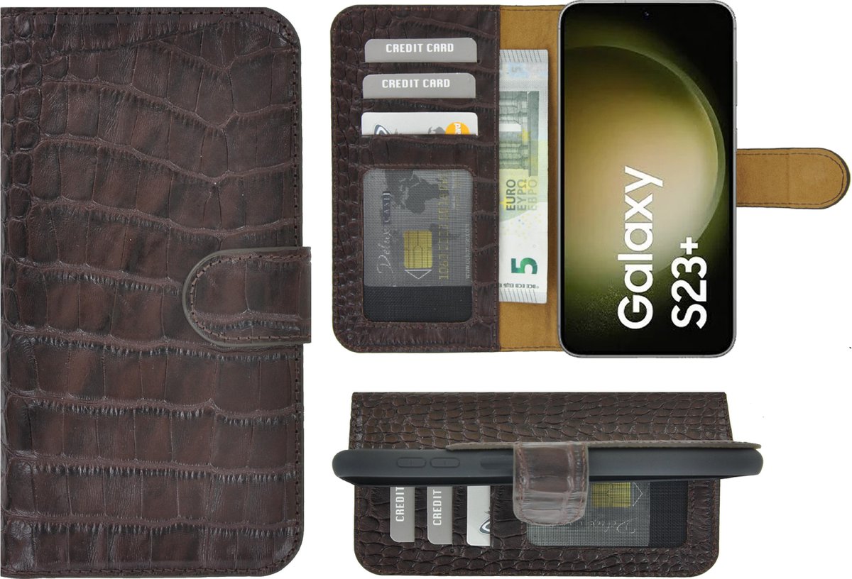 MoDo hoesje geschikt voor Samsung Galaxy S23+ - Echt Leer Book Case - Croco Chocoladebruin