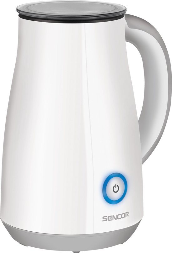 Witte Sencor melkopschuimer met grijze handgreep en een blauw verlichte aan/uit-knop.