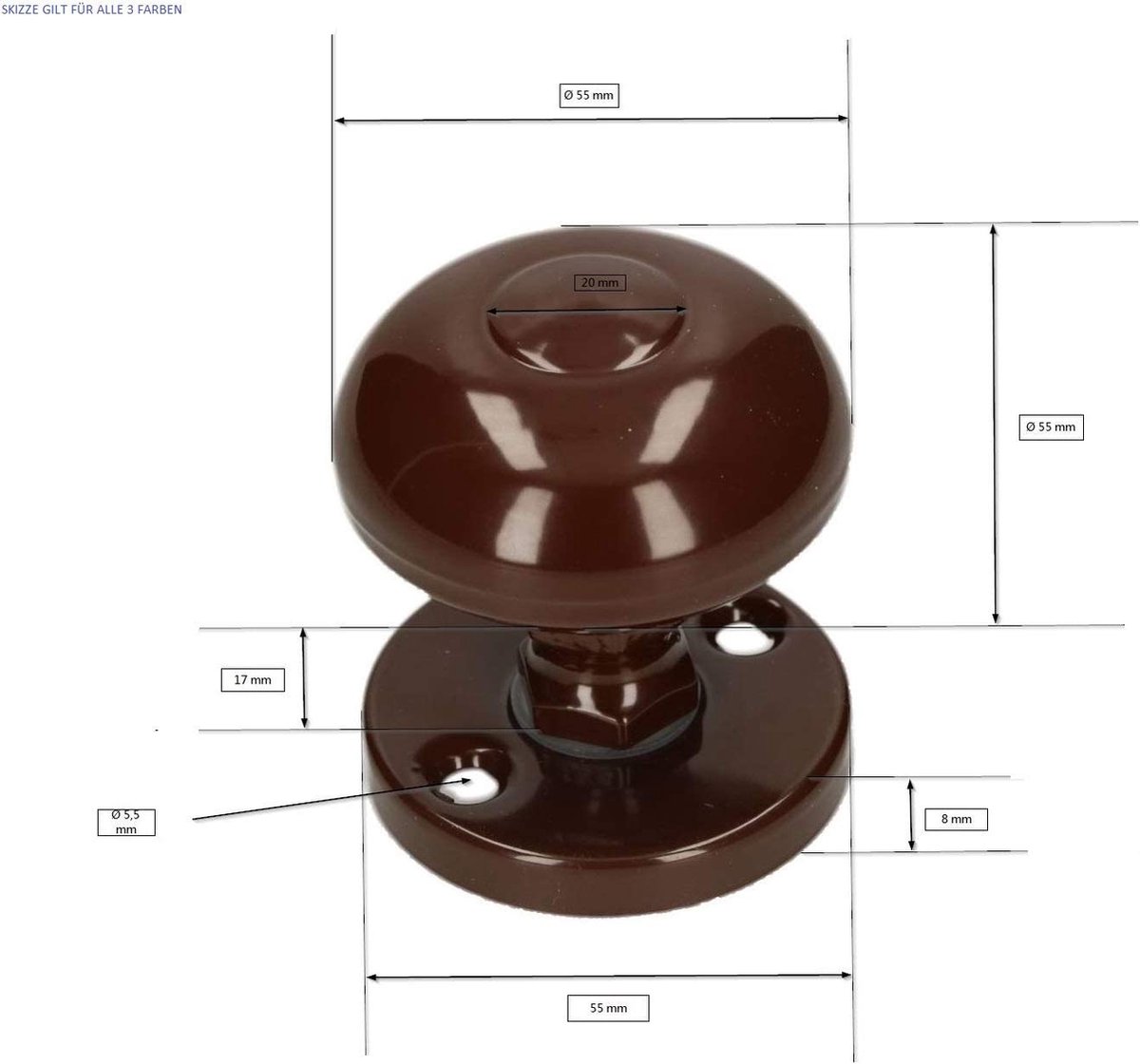 KOTARBAU® Deurknop Ø 55 mm verschillende kleuren metalen deurknop vaste kogelknop rond deurkruk deurkruk rozet vaststaand gepoedercoat (zwart)