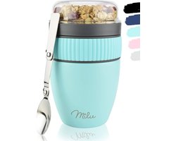 Milu Muesli Beker To Go | Yoghurt Beker To Go 400 ml | Geïsoleerde Roestvrijstalen Yoghurtbeker Voor Muesli | Lekvrije Mueslibeker met Lepel voor Yoghurt/Pap (Turkoois)