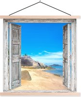 Posterhanger incl. Poster 120x120 cm - Schoolplaat - Strand - Tropisch - Zomer - Doorkijk - Zee - Textielposter - Blanke latten