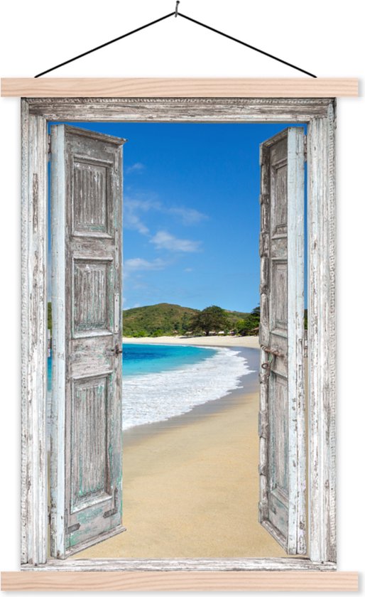 Posterhanger incl. Poster 60x90 cm - Schoolplaat - Zee - Tropical - Doorkijk - Strand - Textielposter - Blanke latten