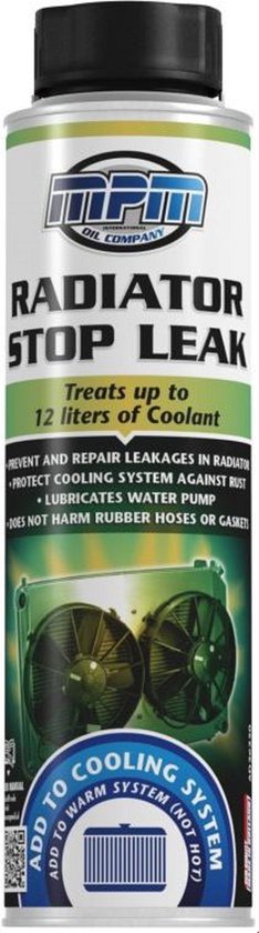 Fles MPM Radiator Stop Leak, met tekst 'MPM OIL COMPANY RADIATOR STOP LEAK' en afbeelding van een radiator met ventilatoren. 'Treats up to 12 liters of Coolant'.
