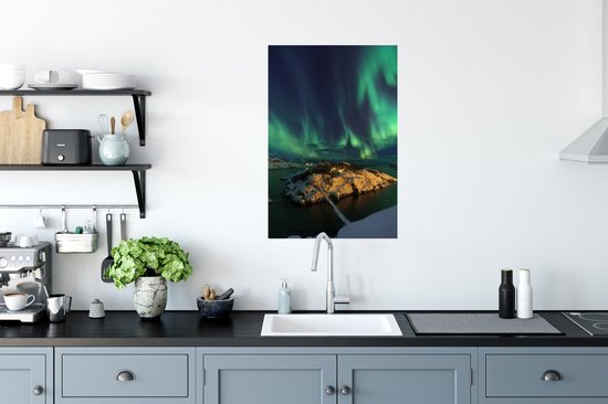 Aurores boréales vertes au-dessus d'une maison 60x90 cm