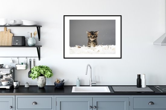 Photo encadrée - Chaton entre les plumes cadre photo noir avec passe-partout blanc 60x80 80x60 cm - Affiche encadrée (Décoration murale salon / chambre)