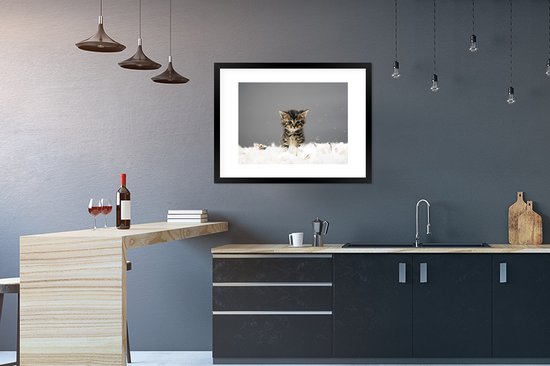 Photo encadrée - Chaton entre les plumes cadre photo noir avec passe-partout blanc 60x80 80x60 cm - Affiche encadrée (Décoration murale salon / chambre)